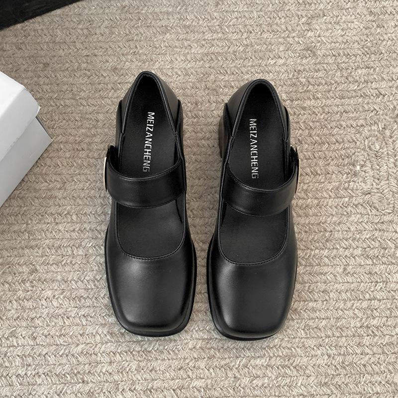 Туфли-лодочки женские на толстом каблуке в стиле ретро с неглубоким носком 2025 года, новые весенне-осенние туфли с увеличенным каблуком, универсальные туфли Мэри Джейн с квадратным носком и высоким носком