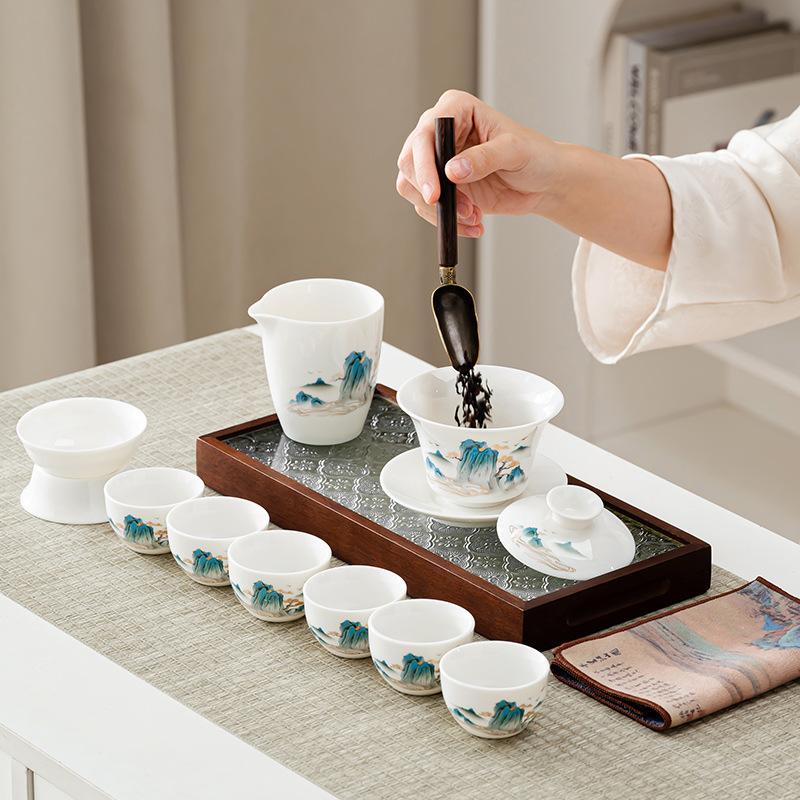 Suet Jade White Porcelain Ceramic Tea Set Kung Fu Splendid Mountains and Rivers Retro Brewing Teapot Company Office Annual Meeting Gifts