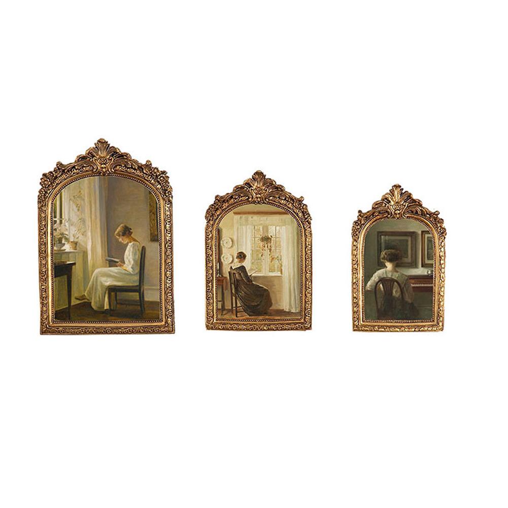 Home Table Decoration Crafts Antique Arch Shaped Photo Frame Gold Color Carved Embossed Resin Picture Frame Holder Wall Hanging