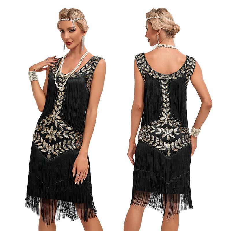 1920S Vintage Gatsby Ball Gown, Round Neck Sequin Embroidered Suspenders Large Size Dress