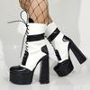 2025 Winter New Women Boots Black/white Mixed Color Leather Chunky Heel Platform High Heel Boots Lace-Up Ankle Boots