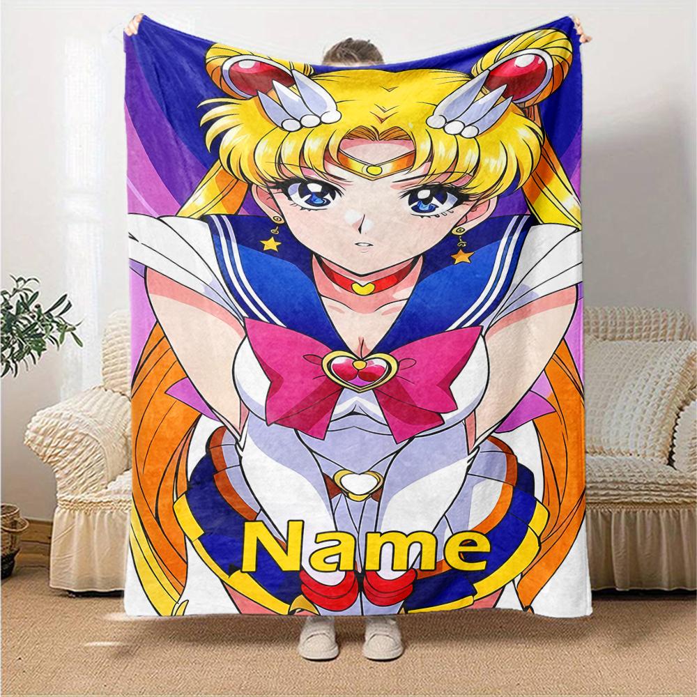 Custom Name Sailor Moon Theme Printed Blanket - Perfect for Couch, Bed, Travel & Outdoor Use | Machine Washable, Cozy & Durable.