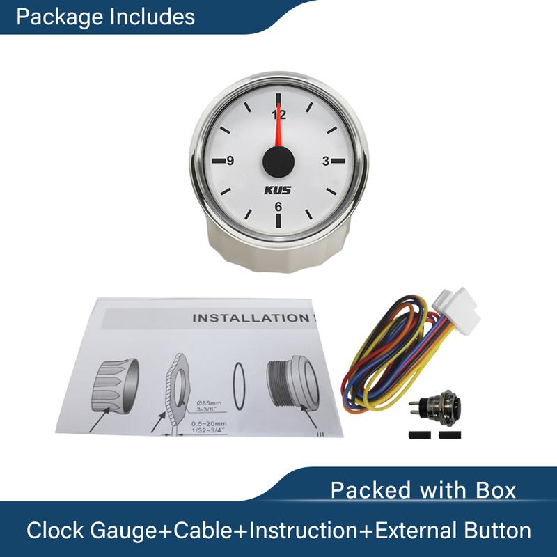 KUS Universal Car Boat Clock 12V 24V With Red Backlight 52mm Round Auto Yacht Accessories 12 Hour