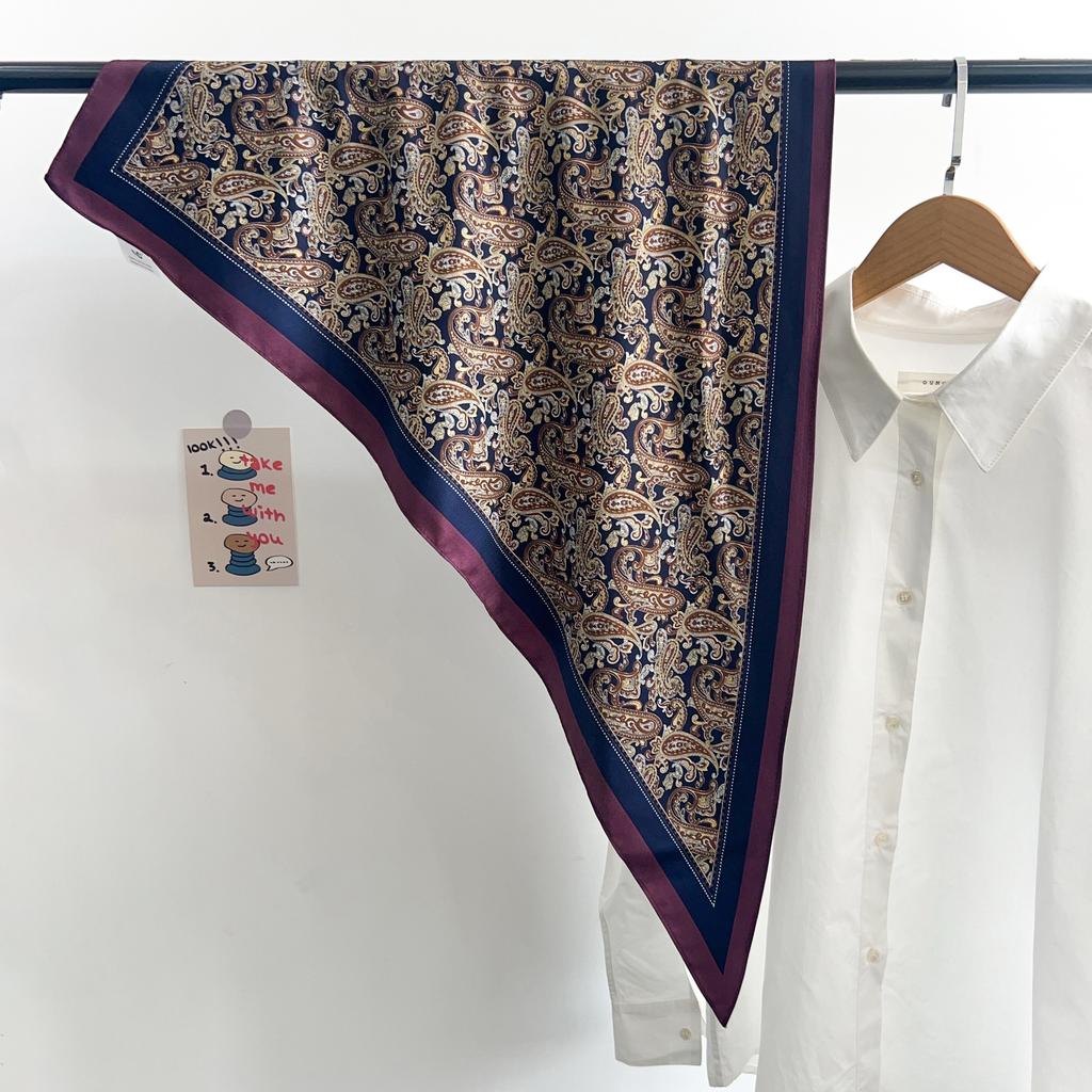 Korean design retro literary blue striped triangle scarf silk scarf summer thin scarf neck accessories small scarf