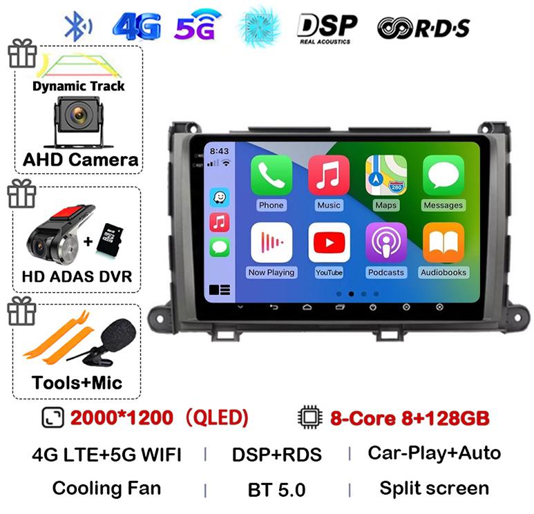 Android 14 Carplay автомобильный радиоплеер для Toyota Sienna 2009 2010 2011 2012 2013 2014 2Din мультимедиа Автомагнитола Навигация GPS DSP