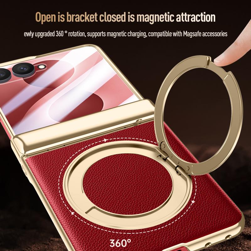For Samsung Galaxy Z Flip8 5G Luxury PU Leather 360 Swivel Bracket Magnetic Tempered Glass Front Membrane For Magsafe Phone Case