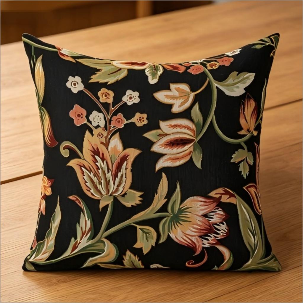 Vintage Black Floral Tapestry Print Throw Pillow Cover, Dark Academia Botanical Decorative Cushion