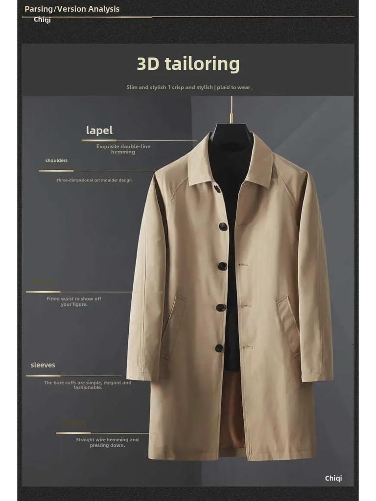 Мужская повседневная однотонная ветровка средней длины с тонкими лацканами на весну и осень