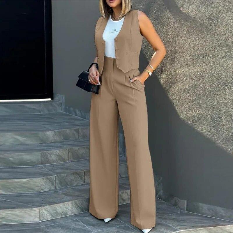 Женский пригородный офисный костюм, топ с высокой талией + широкие брюки, комплект из 2 предметов