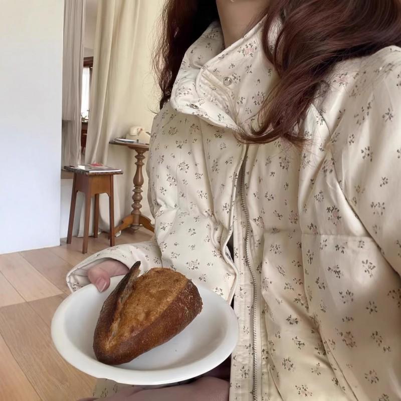 Womens Floral Print Puffer Jacket Winter Warm Cotton-Padded Coat Short Loose Fit College Style