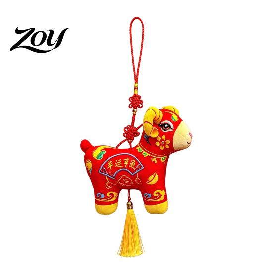 Traditional Oriental Style Decor Chinese New Year Sheep Plush Ornament, Embroidery Lamb Home Wall Ornament Pendant with Tassel, Zodiac Mascot for Car