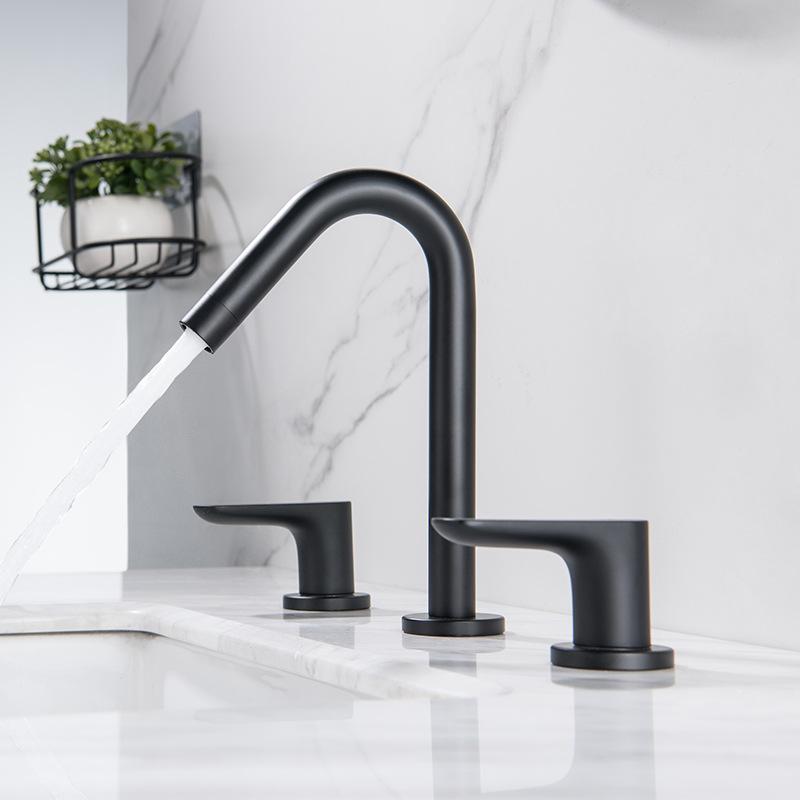 Double Handle Three Hole Bathroom Basin Faucet Black 304 Stainless Steel Hot And Cold Mixed Washbasin Faucet Black Basin Tap