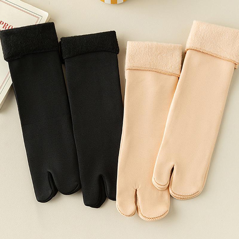 2 пары зимних утолщенных плюшевых теплых носков с двумя пальцами для женщин, черные, телесные, однотонные, снежные носки, средней длины, с раздельным пальцем, носки для сна