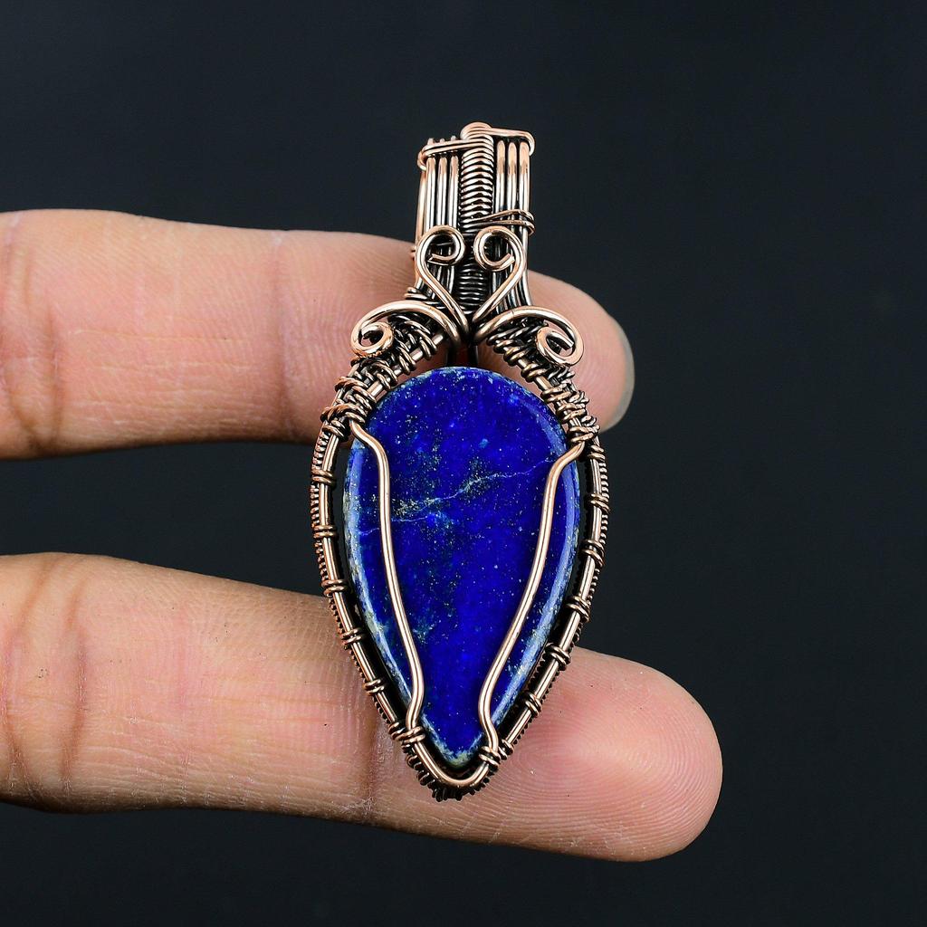 Vintage Style Lapis Lazuli Copper Wrapped Pendant  Artisan Handmade Blue Stone Jewelry For Gift