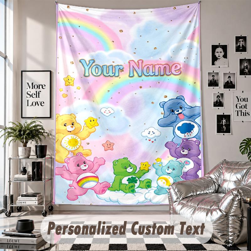 Wall Hanging Tapestry With Custom Name & Text, Care Bears Decorative Tapestry For Bedroom