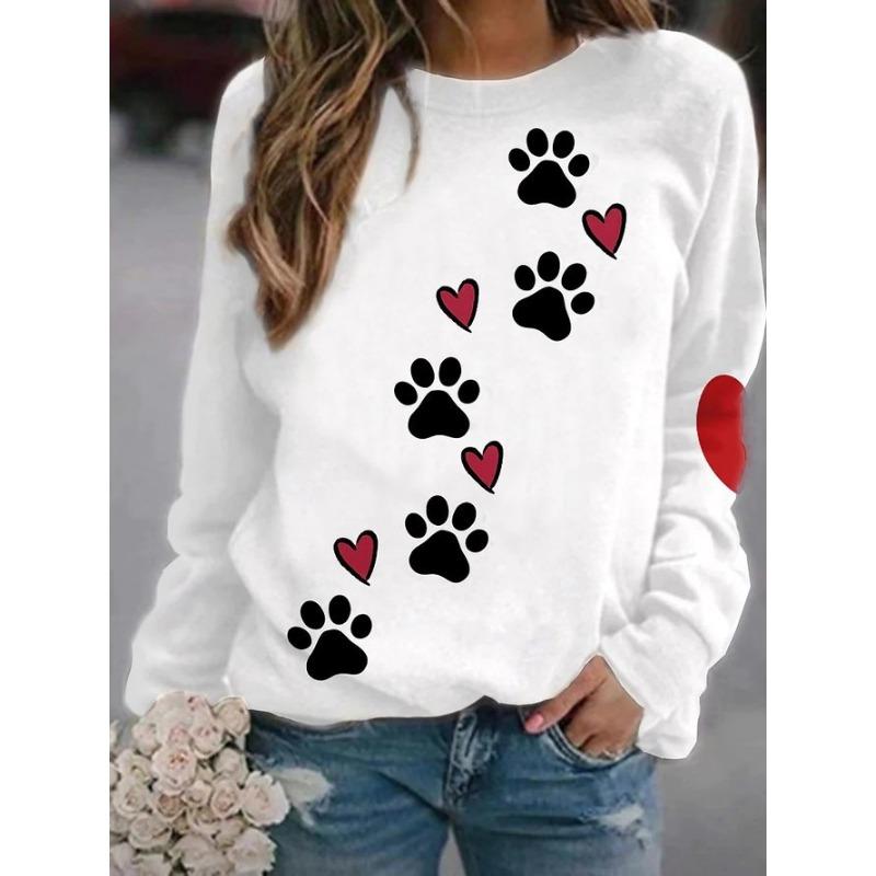 2024 European and American Autumn and Winter New Dog Claw Love 3D Printed Hoodie Round Neck Long Sleeve T-shirt Women's Wear