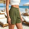 Women Khaki Textured High Waist Double Button Pleated Front Side Pocket Loose Casual Linen Shorts
