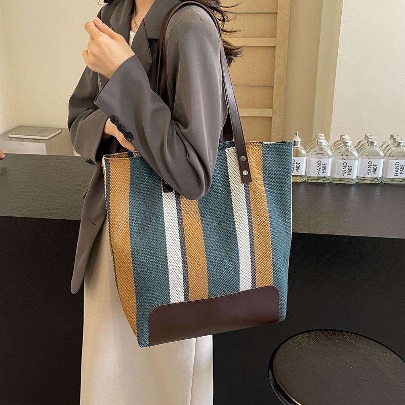 Новая вместительная холщовая сумка в контрастную полоску, женская универсальная сумка через плечо, портативная сумка-тоут