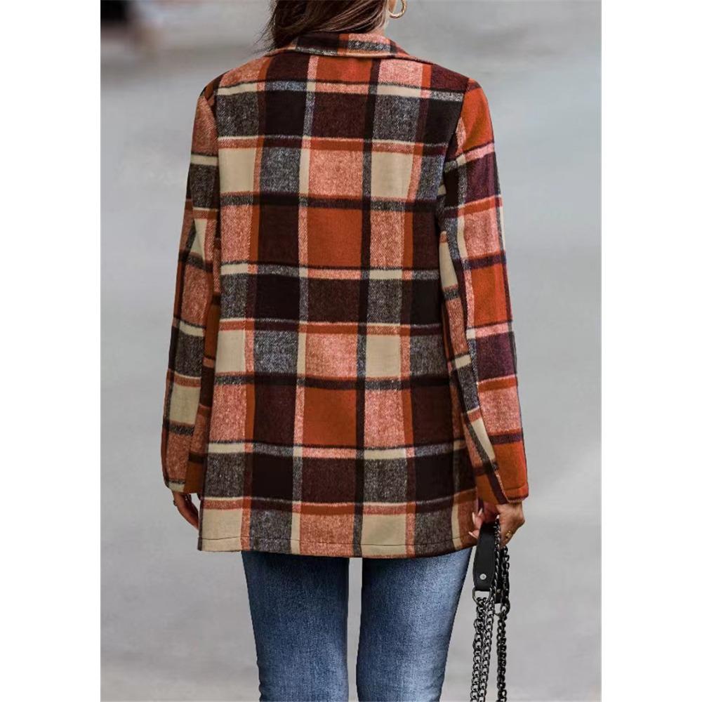 HNXC Women's Vintage Casual Plaid Print Autumn Winter Long Sleeve POLO Neck Jackets & Coats