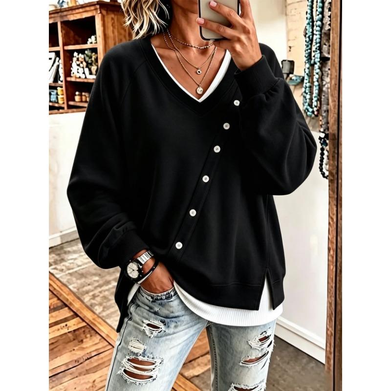 Women S V Neck Button Loose Fit Solid Color Long Sleeve Pullover Sweatshirt