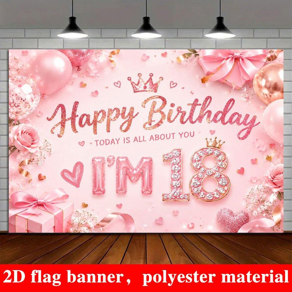 2D Flat Banner, 18th Birthday Backdrop, Pink Balloons, Crown, Gift Box, Photo Background