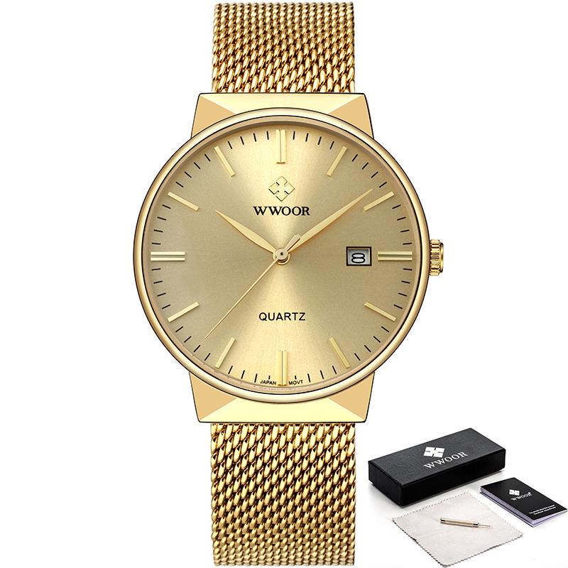 WWOOR Mens Watches Luxury Brand Quartz Casual Dress Watches For Men Stainless Steel Mesh belt Waterproof Calendar Watch Men