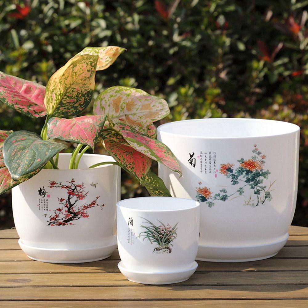 Белый пластиковый цветочный горшок с поддоном, имитация фарфора, цветочный горшок из полипропиленовой смолы, садоводство