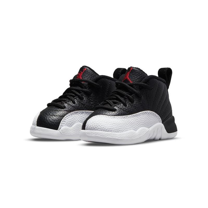 Детские кроссовки Air Jordan 12 Retro Playoffs, средняя высота, черная/белая кожа с серебряной пряжкой 850000-006