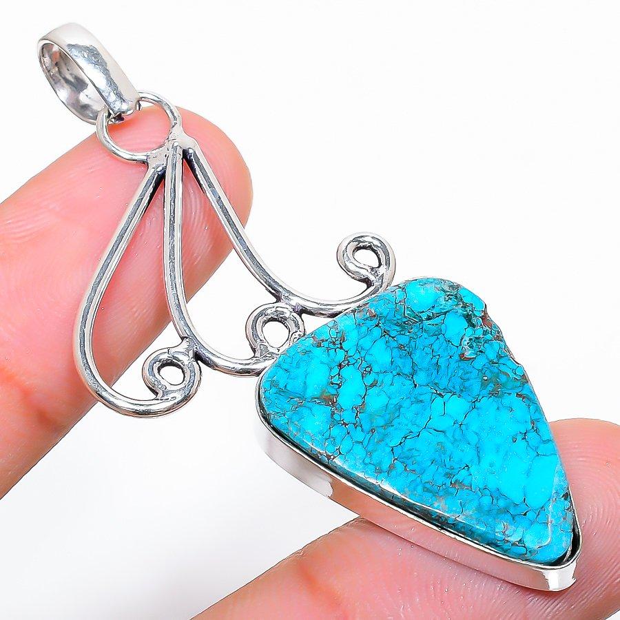 Tibetan Turquoise Gemstone Handmade 925 Sterling Silver Jewelry Pendant 2.36"