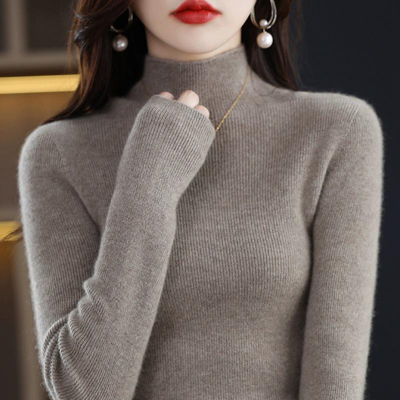 2025 Women's Slim Fit Wool Knit Sweater - Black Half High Neck, Autumn Winter Base Layer