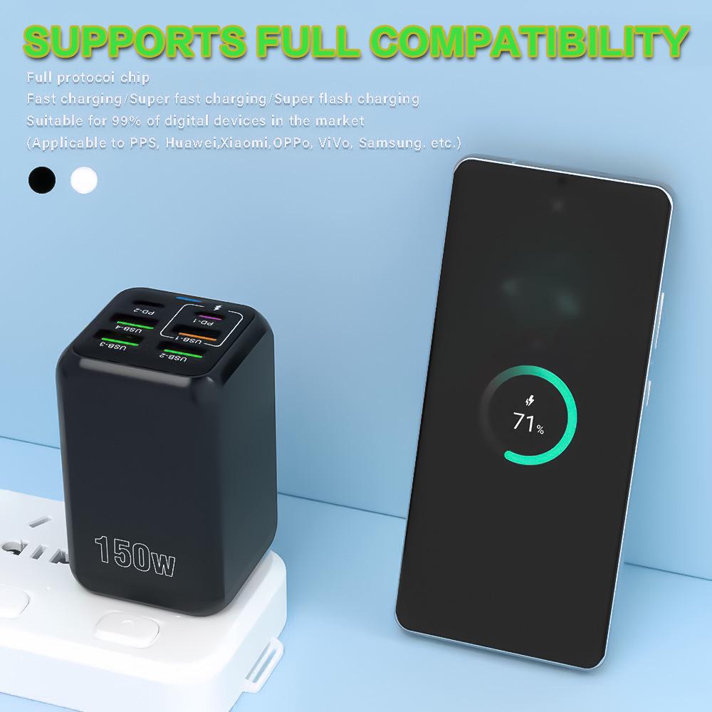 Многопортовое зарядное устройство мощностью 150 Вт: 4 USB + 2 PD, Адаптер быстрой зарядки US/EU/UK со световым индикатором