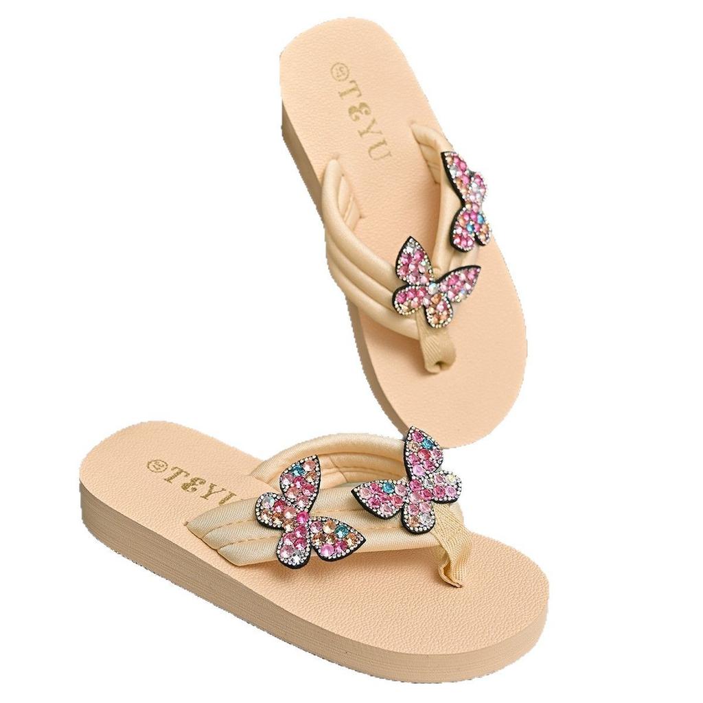 Повседневные шлепанцы женские 2025 лето новые шлепанцы на платформе-маффине модные шлепанцы для пляжа со стразами в виде бабочек