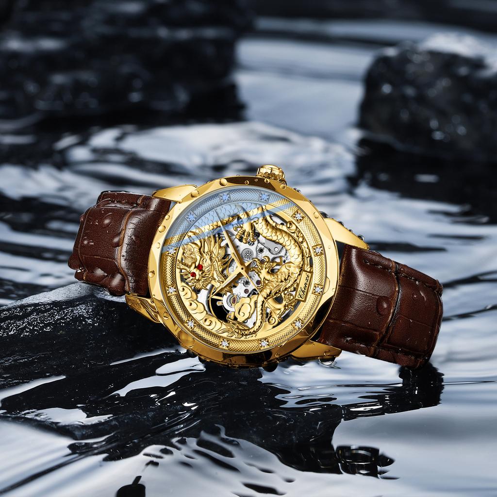 Luxury Men's Dragon Pattern Luminous Embossed Hollow Mechanical Watch High-End Business Gift Automatic Wristwatch