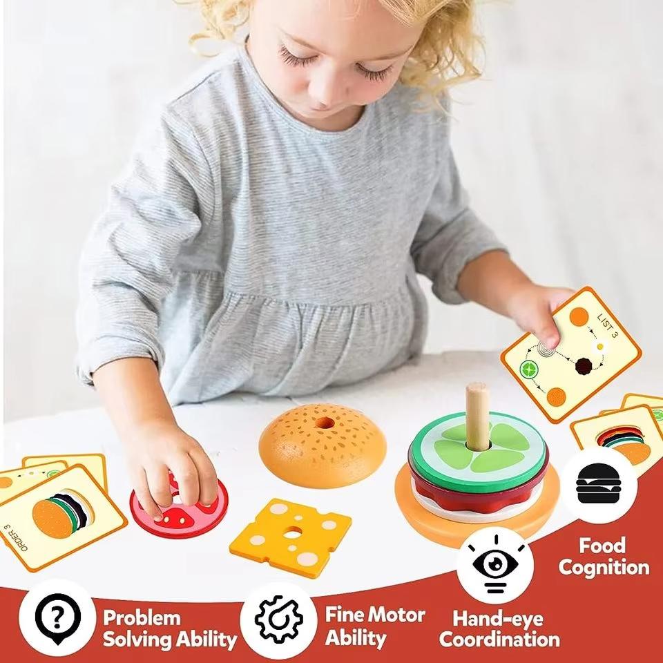 Montessori Educational Wooden Hamburger Sandwich Stacking Toy - Preschool Toddler Toy for Fine Motor Skills & Kitchen Pretend Fo