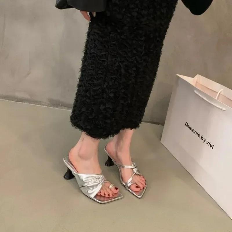 Дизайнерские летние женские тапочки, модные шлепанцы с застежкой-молнией, женские туфли для улицы, сандалии на высоком каблуке, размеры 35-40