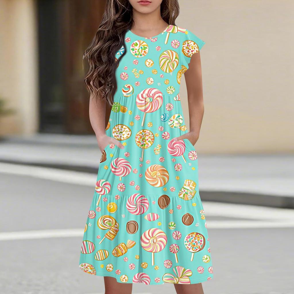 Детская юбка с круглым вырезом, плиссированная, с коротким рукавом, юбка принцессы, модное повседневное платье с карманами для девочек