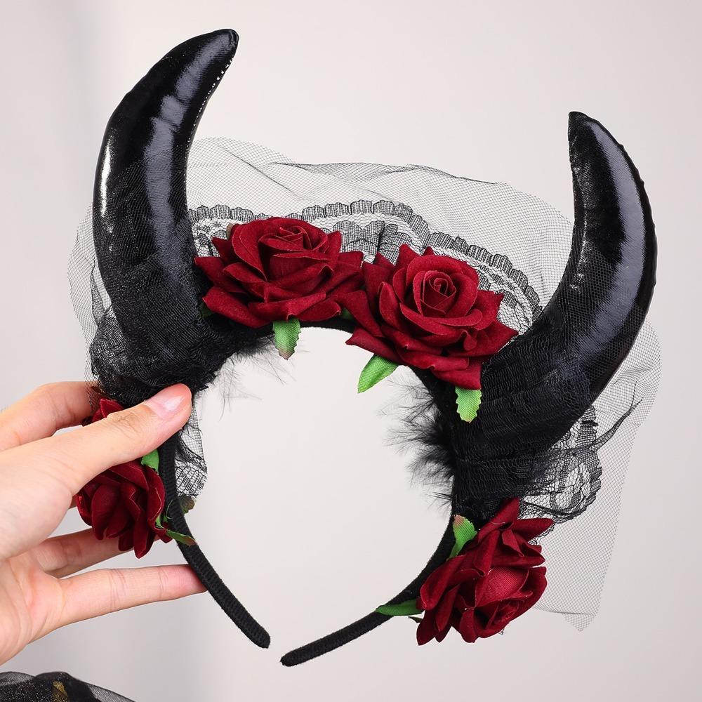 Lace Trim Halloween Cow Horns Headband Flowers Design Red Rose Headband Halloween Party