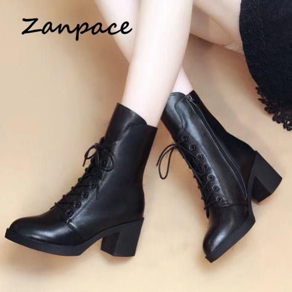 ZANPACE Платформа Каблуки Женские Ботинки Зимние Плюс Бархатные Женские Туфли Средней Длины Модные Острые Носки Зимние Женские Ботильоны