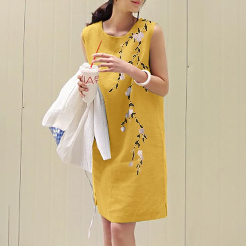 ZANZEA Летнее свободное повседневное платье без рукавов с круглым вырезом и принтом