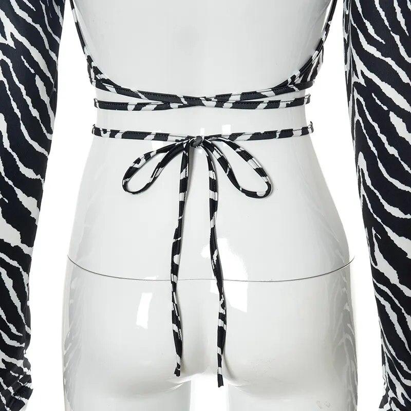 Сексуальная футболка с открытой спиной и принтом зебры Y2K, модный осенний укороченный топ с круглым вырезом и длинными рукавами, уличная одежда, тонкие бандажные футболки