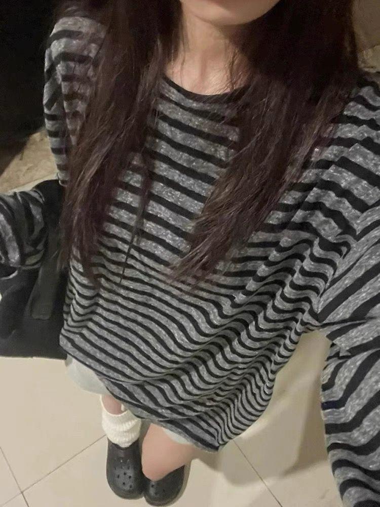 Женская футболка с длинным рукавом в полоску с цветными блоками - Корейский свободный крой, Шикарный гонконгский стиль