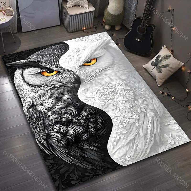 Black and White Owl Art Print Carpet for Bedroom Living Room Bedside Sofa Floor Mat Modern Home Decor Area Rug Machine Wash