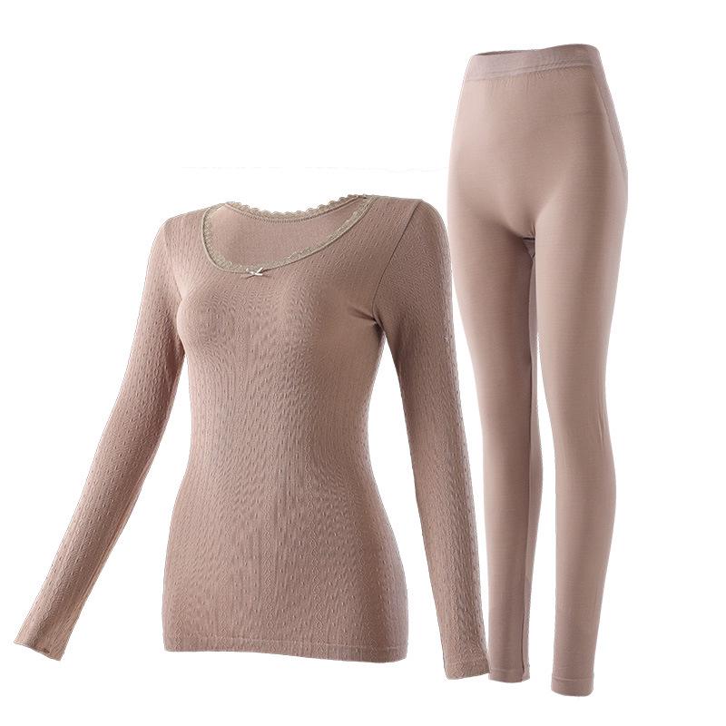 "Женский осенний термокомплект": Топ с круглым вырезом и бесшовные утягивающие брюки, Синьцзянский длинноволокнистый хлопок.
