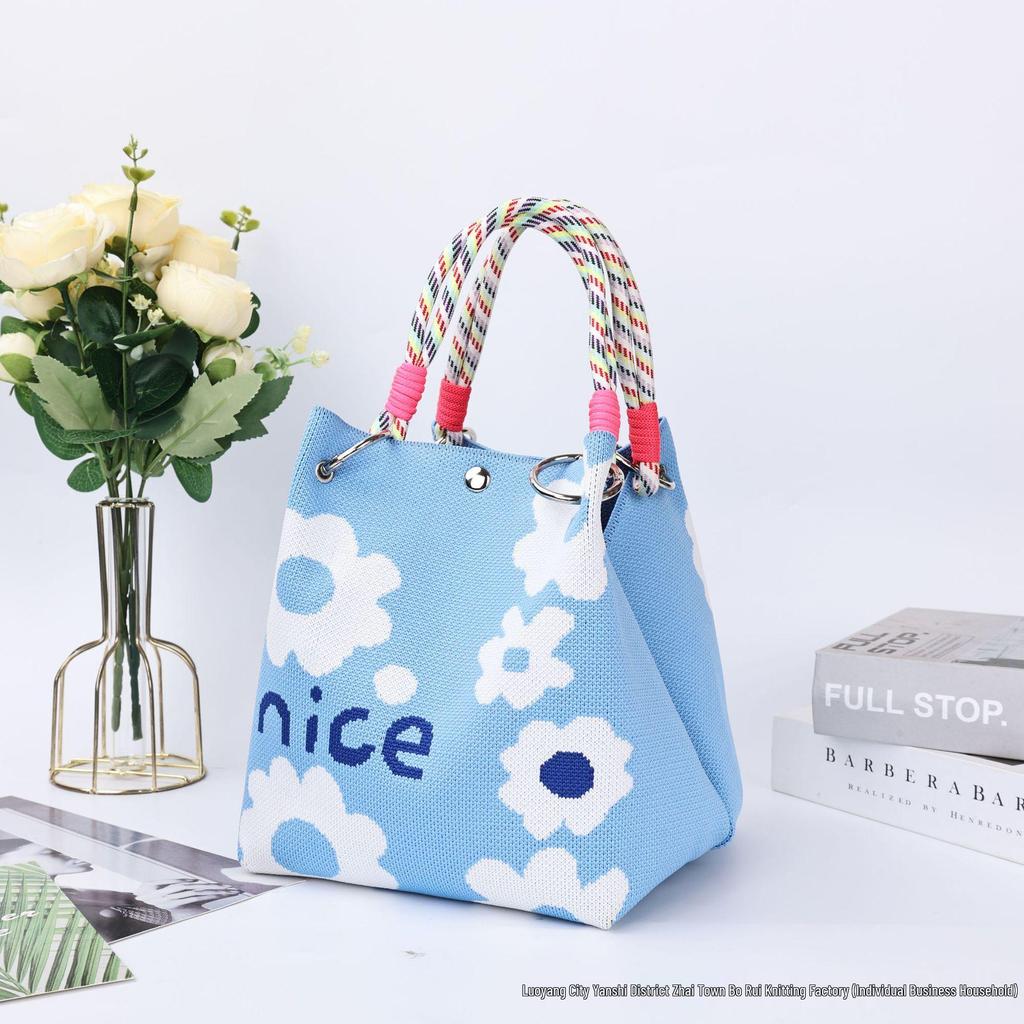Korean-Style Cute Handbag with Magnetic Buckle, Large Capacity, Casual Woven Knit Bucket Bag for Work and Commute