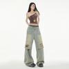 American high street wasteland wind ripped jeans men's and women's autumn new loose washed old wide-leg pants