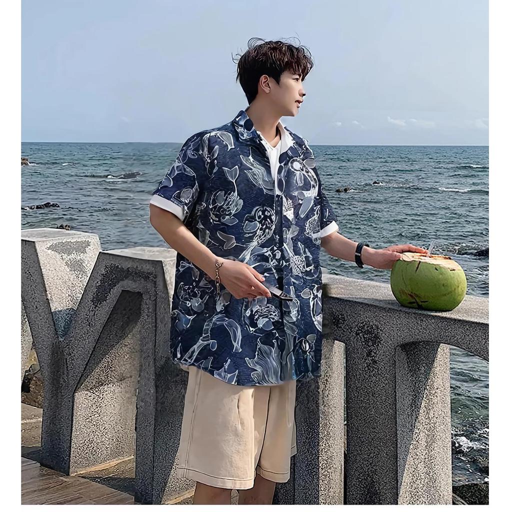 Stabbon Long Sleeve Floral Aloha Summer Plus Goldfish Stylish Japanese Hawaiian Open Ultra Breathable Men's Shirt, Size, Print, Beachwear, Pattern,