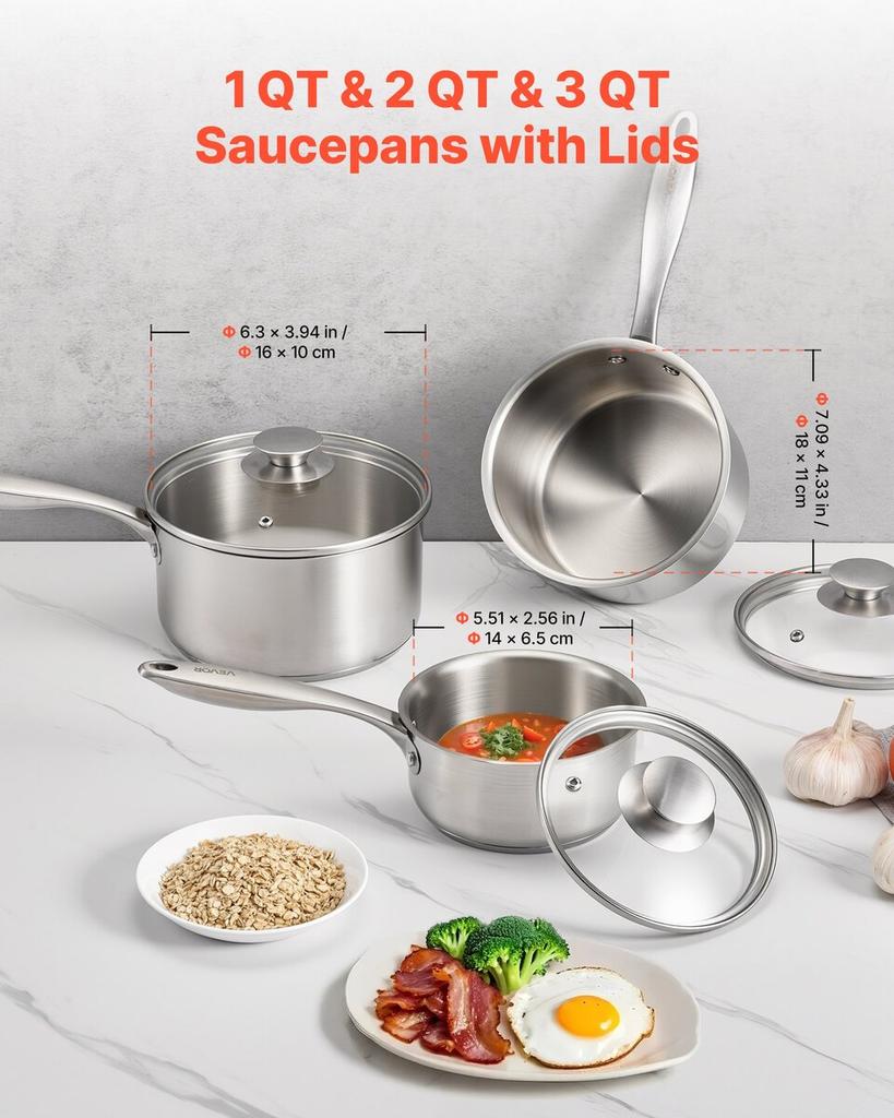Stainless Steel Saucepan Set, 1 QT & 2 QT & 3 QT Saucepans with Glass Lids, Multipurpose Nonstick Stainless Steel Sauce Pot with Ergonomic Handle,