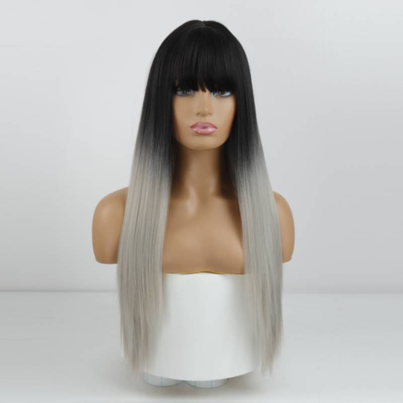 MISS WIG Полуцветные волосы, серые и черные длинные прямые волосы с челкой, модный парик для женщин