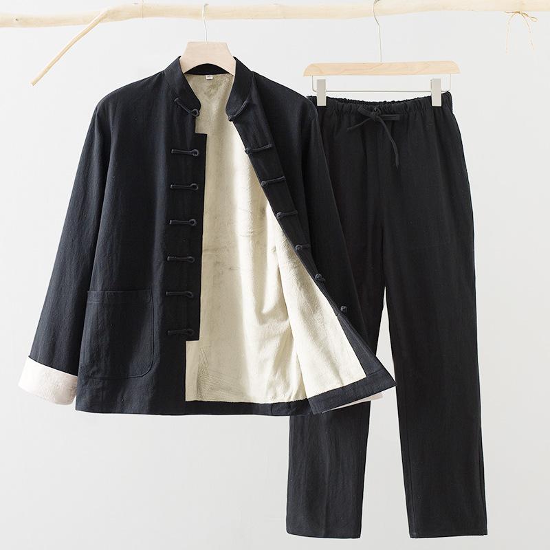 Мужской зимний костюм в этническом стиле, китайский ретро-костюм ханбок, теплый топ + теплые штаны, комплект из 2 предметов