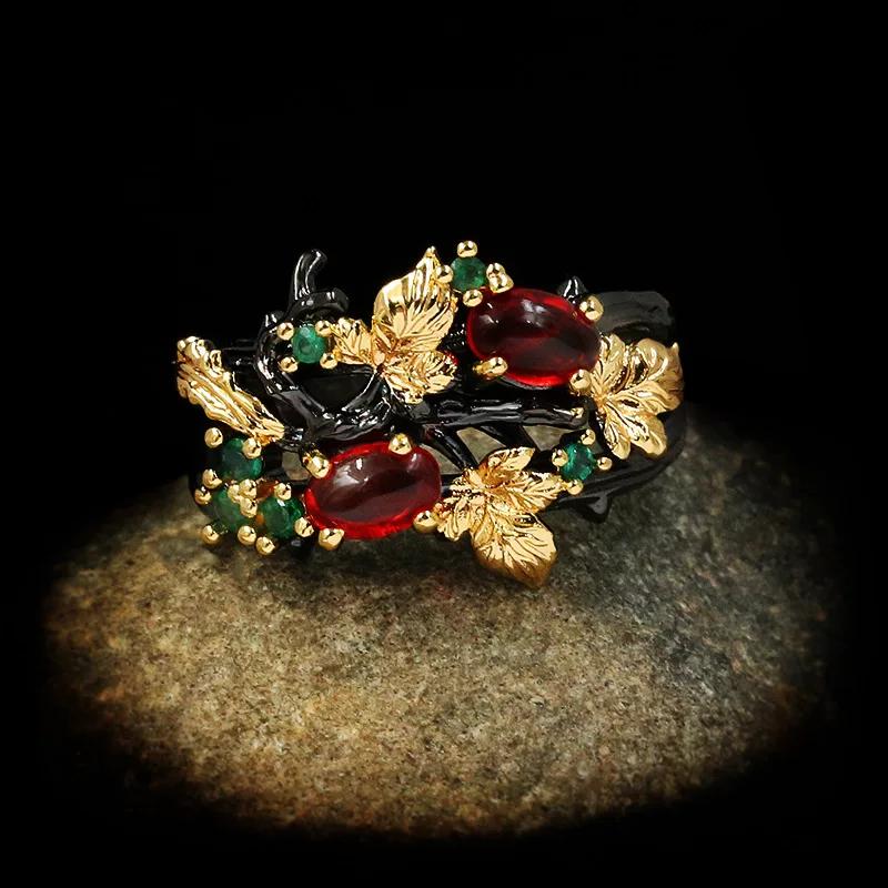 Новое изысканное кольцо для дам с листьями, цветами и цветным цирконом, ювелирное изделие, черно-золотое, двухцветное, с красным цирконом